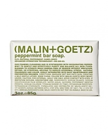 Our foaming cleansing bar is synthesized with invigorating peppermint to gently and effectively purify and balance all skin types. Blended to hydrate while rinsing free of residue without irritation, drying, or stripping; helping to reduce epidermal stress. Natural fragrance and color. Easily integrated into daily maintenance and prevention regimen.Massage bar onto wet skin, creating a mild gentle lather. Rinse clean. Follow with MALIN+GOETZ body moisturizer. Use in conjunction with our Peppermint Body Scrub, Peppermint Shampoo and Vitamin B5 Body Moisturizer.
