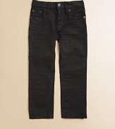 Perfect for back-to-school cool, these jeans feature a skinny silhouette and a slightly waxed finish.Front button closureWaistband with belt loops and adjustable button tabsZip flyFive-pocket style99% cotton/1% spandexMachine washImported