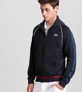 An athletic track jacket with an Andy Roddick graphic logo on the back perfectly suits your active lifestyle, cut with a traditional front-zip silhouette and featuring a signature croc on the front for classic appeal.