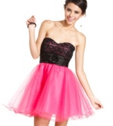 Speechless defines fun glam with a party dress made for twirling! The full, tulle skirt and embellished bodice contributes loads of girlish style.