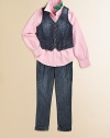 A hip pleated straight-leg silhouette in artfully faded denim creates cool appeal. Belt loops at waistband with suspender buttons Zip fly and button closure Double-pleated front Mock flap coin pocket Side slash pockets Cuffed hem Back notched waist Back button welt pockets Cotton Machine wash ImportedPlease note: Number of buttons/snaps may vary by size ordered. 