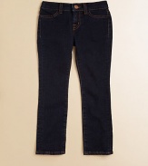 A chic fit in a comfortable stretchy design. Button waistband with belt loopsZip flySide pocketsTwo back patch pocketsSkinny fit98% cotton/2% elastaneMachine washMade in USA