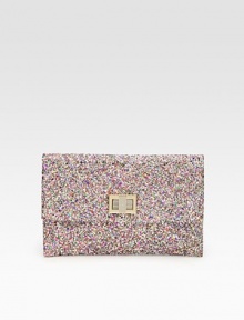 Add some glitz to your ensemble with this compact design wrapped in glitter fabric with a goldtone clasp.Flap with turnlock closure One inside open pocket Metallic nappa lining 9W X 6H X ¼D Imported