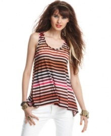 Stripes meet a swingy silhouette on this racerback top from Material Girl! Pair it with your light-colored denim for a day look that's fab without trying! Stripes meet a swingy silhouette on this racerback top from Material Girl! Pair it with your light-colored denim for a day look that's fab without trying!