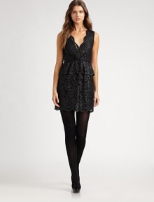 Featuring hot-right-now peplum, a metallic-lace dress with a plunging v neckline and lovely scalloped trim.Deep v-necklineSleevelessPeplum waistScalloped trimConcealed back zipperAbout 36 from shoulder to hemNylon/viscoseHand washImportedSIZE & FITModel shown is 5'11 (180cm) wearing US size 4. Featuring hot-right-now peplum, a metallic-lace dress with a plunging v neckline and lovely scalloped trim.Deep v-necklineSleevelessPeplum waistScalloped trimConcealed back zipperAbout 36 from shoulder to hemNylon/viscoseHand washImportedSIZE & FITModel shown is 5'11 (180cm) wearing US size 4.