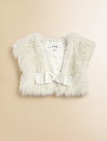 Add instant glamorous appeal to any style with this playful faux fur shrug complete with a satin bow accent.Faux fur designV-neckCap sleevesBow accentFront snap closurePolyester/acrylic/modacrylicMachine washImported Add instant glamorous appeal to any style with this playful faux fur shrug complete with a satin bow accent.Faux fur designV-neckCap sleevesBow accentFront snap closurePolyester/acrylic/modacrylicMachine washImported