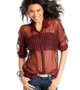 Go edgy in Eyeshadow's killer update to the classic plaid button-down! Sports sheer design and a super-hot lace back.