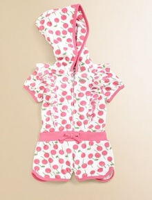 Soft, plush velour in an easy-on, easy-off style is adorned with colorful cherries and pretty ruffles.Attached hoodShort cap sleevesZip front with attached silvertone 'J' pullRibbed waistband with bow80% cotton/20% polyesterMachine washImported Soft, plush velour in an easy-on, easy-off style is adorned with colorful cherries and pretty ruffles.Attached hoodShort cap sleevesZip front with attached silvertone 'J' pullRibbed waistband with bow80% cotton/20% polyesterMachine washImported