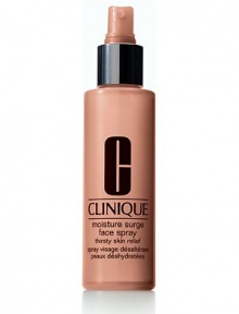 Moisture Surge Face Spray Thirsty Skin Relief. Water your skin. Take along a refreshing face spray for showers of thirsty skin relief. Bursting with moisture and active aloe. But not a drop of oil. Rapidly replenishes skin's moisture level, restoring balance. Softens and soothes in a flash. 4.2 oz. HOW TO USE: Hold 10-12 inches from face. Close eyes and spray a light mist. Use in addition to daily moisturizer, under or over makeup, whenever skin feels thirsty. Avoid spraying into eyes.