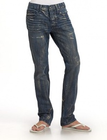 Hand-painted brushstrokes give this tough guy pair a perfectly broken-in finish, with a one-of-a-kind texture.Mid-width waistband with belt loops Front zipper and button fly Five-pocket style Creases and painted brushstrokes Contrast stitching and logo patch at backpocket Inseam, about 34 Cotton; hand wash or machine wash Made in USA of imported fabric Hand-painted brushstrokes give this tough guy pair a perfectly broken-in finish, with a one-of-a-kind texture.Mid-width waistband with belt loops Front zipper and button fly Five-pocket style Creases and painted brushstrokes Contrast stitching and logo patch at backpocket Inseam, about 34 Cotton; hand wash or machine wash Made in USA of imported fabric