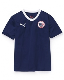 Is he a team player? The USA tee from PUMA brings classic sporty style with choice accents, like the banded v neckline and team crest patch at the chest. Is he a team player? The USA tee from PUMA brings classic sporty style with choice accents, like the banded v neckline and team crest patch at the chest.