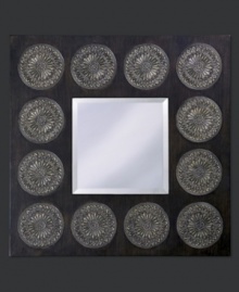 Square, dark and handsome. Distinguished by a wide frame of stained oak with bronze-overlay medallions, the Hayworth wall mirror is a sophisticated addition to the bedroom, living room or dining area. Square, dark and handsome. Distinguished by a wide frame of stained oak with bronze-overlay medallions, the Hayworth wall mirror is a sophisticated addition to the bedroom, living room or dining area.