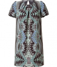 Luxurious dress in multicolored silk - A colorful kaleidoscope pattern in green and black - High cut, small round neck - Short cap sleeves - Wide, wonderfully comfortable balloon silhouette, gathered and smocked at the d?collet? - The skirt ends above the knee - Wear with boots or ballerinas Luxurious dress in multicolored silk - A colorful kaleidoscope pattern in green and black - High cut, small round neck - Short cap sleeves - Wide, wonderfully comfortable balloon silhouette, gathered and smocked at the d?collet? - The skirt ends above the knee - Wear with boots or ballerinas