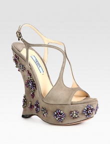 Beaded suede design with a powerful wedge and adjustable ankle strap. Self-covered wedge, 6 (150mm)Covered platform, 1¾ (45mm)Compares to a 4¼ heel (110mm)Suede upperAdjustable ankle strapLeather lining and solePadded insoleMade in Italy Beaded suede design with a powerful wedge and adjustable ankle strap. Self-covered wedge, 6 (150mm)Covered platform, 1¾ (45mm)Compares to a 4¼ heel (110mm)Suede upperAdjustable ankle strapLeather lining and solePadded insoleMade in Italy