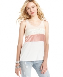 6 Degrees refreshes the every day tank with crochet-knit and satin paneling! Pair the top with your grittiest jeans for a look that interplays sweet style with rugged charm. 6 Degrees refreshes the every day tank with crochet-knit and satin paneling! Pair the top with your grittiest jeans for a look that interplays sweet style with rugged charm.