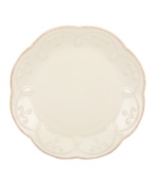 With fanciful beading and a feminine edge, the accent plates from the Lenox French Perle white dinnerware collection have an irresistibly old-fashioned sensibility. Hard-wearing stoneware is dishwasher safe and, in a soft white hue with antiqued trim, a graceful addition to every meal. Qualifies for Rebate