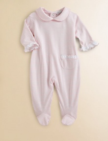 This precious one-piece is crafted in plush pima cotton and adorned with ruffles and stripes for sweet baby style.Peter Pan collarLong sleeves with ruffle cuffsPatch pocketBack snapsBottom snapsPima cottonMachine washImported Please note: Number of snaps may vary depending on size ordered. This precious one-piece is crafted in plush pima cotton and adorned with ruffles and stripes for sweet baby style.Peter Pan collarLong sleeves with ruffle cuffsPatch pocketBack snapsBottom snapsPima cottonMachine washImported Please note: Number of snaps may vary depending on size ordered.
