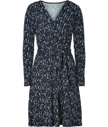 Perfect for work and off-duty days alike, DKNYs cadet blue cube print dress is your wear-everywhere answer to starting off the week in style - V-neckline, long sleeves, pleated front, self-tie sash, fitted top, knee-length skirt - Pair with opaque tights and pumps for the office, or favorite boots for casual-cool weekends