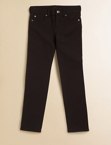 A skinny fit design hits just below the ankle and mimics jeans for a perfectly polished silhouette. Belt loops Zip and button closure Stretch design Metal rivet details Patch logos on back waist and pocket 5-pocket style 71% rayon/25% rayon/4% spandex Machine wash Imported