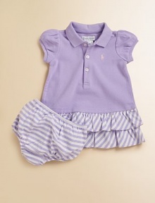 An essential A-line polo dress with pretty puffed sleeves and a ruffled skirt is rendered in breathable, comfortable cotton mesh.Ribbed polo collarShort puffed sleevesButton frontTiered ruffle hemMatching bloomersCottonMachine washImported Please note: Number of buttons may vary depending on size ordered. An essential A-line polo dress with pretty puffed sleeves and a ruffled skirt is rendered in breathable, comfortable cotton mesh.Ribbed polo collarShort puffed sleevesButton frontTiered ruffle hemMatching bloomersCottonMachine washImported Please note: Number of buttons may vary depending on size ordered.