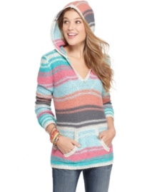 A bounty of soft color stripes make this Baja-style hoodie from American Rag the perfect pullover for laid-back days! A bounty of soft color stripes make this Baja-style hoodie from American Rag the perfect pullover for laid-back days!