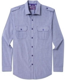Military details like shoulder epaulets blend with a fine herringbone weave for a slim-fit American Rag shirt that's a mix of tough and modern.