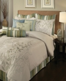 Fresh florals. An embroidered and printed floral motif adorns these Arcadia comforter sets in soothing tan, green and blue hues. Set is accented with striped European shams and bedskirt. Five distinctive decorative pillows complete this relaxing oasis. Fresh florals. An embroidered and printed floral motif adorns these Arcadia comforter sets in soothing tan, green and blue hues. Set is accented with striped European shams and bedskirt. Five distinctive decorative pillows complete this relaxing oasis.