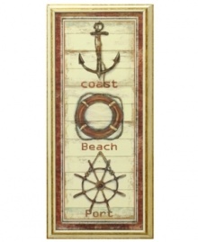 Stay close to the shore with this rustic wall art. Distressed wood and icons of the coast, beach and port steer your decor on a nautical course. Stay close to the shore with this rustic wall art. Distressed wood and icons of the coast, beach and port steer your decor on a nautical course.
