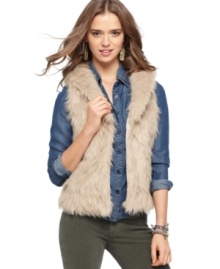 Score trend-right style in a faux-fur vest that's 100% fab, from Belle Du Jour – a great layer that adds swank to any jeans and top ensemble! Score trend-right style in a faux-fur vest that's 100% fab, from Belle Du Jour – a great layer that adds swank to any jeans and top ensemble!