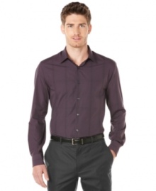 A modern grid pattern plaid gives this Perry Ellis shirt its handsome style. A modern grid pattern plaid gives this Perry Ellis shirt its handsome style.
