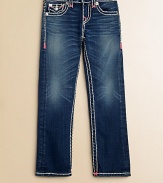Thick, contrast stitching with neon bartacks, silvertone hardware and signature pockets define this comfy, slim-fitting pair.Front button closureAdjustable waistband with belt loopsZip flyFive-pocket styleCotton/SpandexMachine washImported of domestic fabric