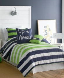 Up, up and away you go! Put a bit of prep in your bed with this Up and Away decorative pillow pack, featuring contrasting lime green and navy blue hues to coordinate perfectly with the matching comforter set. Up, up and away you go! Put a bit of prep in your bed with this Up and Away decorative pillow pack, featuring contrasting lime green and navy blue hues to coordinate perfectly with the matching comforter set.