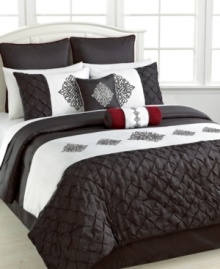 A chic black and white palette gives your space a luxe new look in this Candice comforter set, featuring intricate pleats with a smattering of embroidered emblems. The bolster decorative pillow completes the set with a touch of romantic red. A chic black and white palette gives your space a luxe new look in this Candice comforter set, featuring intricate pleats with a smattering of embroidered emblems. The bolster decorative pillow completes the set with a touch of romantic red.