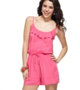 Get your heart all a-flutter with this romper from Planet Gold, where a ruffled neckline creates doll-like style!