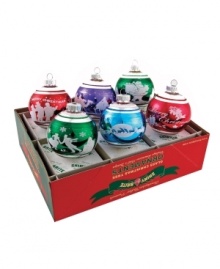 This set of signature flocked ornaments by Christopher Radko is filled with classic Christmas elegance. Each Shiny Brite ball features a unique frosty scene, from skiing snowmen to Santa's sleigh, in shades of green and red.