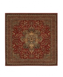 With regal designs that pay homage to the ancient art of rug-making, this piece imparts a classic, yet modern feel with rich colors that reflect the most popular looks of today. Featuring a dramatic center medallion, sweeping out in a burst of branches and blossoms, and accented in deep tones of antique red. Meticulous power-loom construction with Couristan's patented locked-in-weave and crystal-point finish. 25-year limited warranty. With regal designs that pay homage to the ancient art of rug-making, this piece imparts a classic, yet modern feel with rich colors that reflect the most popular looks of today. Featuring a dramatic center medallion, sweeping out in a burst of branches and blossoms, and accented in deep tones of antique red. Meticulous power-loom construction with Couristan's patented locked-in-weave and crystal-point finish. 25-year limited warranty.