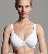 A soft stretchy underwire bra with ornate lace detail along front and wings, a delicate style from Le Mystère. Style #9922