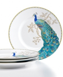A classical icon of unique beauty is set in white porcelain upon these Peacock Garden salad plates from 222 Fifth. Colorful, charming and precious in porcelain, this design is sure to elevate the look of your table.
