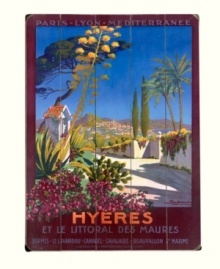 Settle in by the shores of the Mediterranean. This wooden sign takes you to Hyeres on the French Riviera, capturing the clear blue skies, lush foliage and red-roofed villas dotting the hillside. An inspiring piece for any setting.