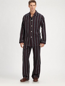 Two-piece set woven in remarkably striped cotton for sartorial appeal. Cotton. Machine wash. Imported.SHIRTButton frontChest, hip patch pocketsPANTSide elastic waistInseam, about 31 Two-piece set woven in remarkably striped cotton for sartorial appeal. Cotton. Machine wash. Imported.SHIRTButton frontChest, hip patch pocketsPANTSide elastic waistInseam, about 31