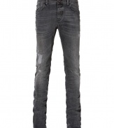 Stylishly distressed, these vintage-inspired jeans from Closed are a must-have casual staple - Classic five-pocket styling, button closure, belt loops, straight leg, logo detail at fly, faded wash - Slim fit - Wear with everything from tees and leather jackets to button-downs and Chelsea boots