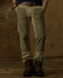 Herringbone patches and colorful stitches reinforce a soft pair of chinos for a laid-back boho-meets-military look. Herringbone patches and colorful stitches reinforce a soft pair of chinos for a laid-back boho-meets-military look.