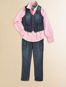A hip pleated straight-leg silhouette in artfully faded denim creates cool appeal. Belt loops at waistband with suspender buttons Zip fly and button closure Double-pleated front Mock flap coin pocket Side slash pockets Cuffed hem Back notched waist Back button welt pockets Cotton Machine wash ImportedPlease note: Number of buttons/snaps may vary by size ordered. A hip pleated straight-leg silhouette in artfully faded denim creates cool appeal. Belt loops at waistband with suspender buttons Zip fly and button closure Double-pleated front Mock flap coin pocket Side slash pockets Cuffed hem Back notched waist Back button welt pockets Cotton Machine wash ImportedPlease note: Number of buttons/snaps may vary by size ordered.