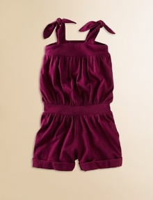 Crafted in plush cotton, this easy, breezy one-piece with shoulder ties is ready for a day of play.SquareneckSleevelessShoulder tiesPull-on styleCuffed hemBottom snapsCottonMachine washImported