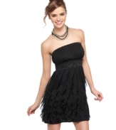 Feathery ruffles give movement to this strapless party dress from Roberta! Style it with fun accessories and dance the night away!