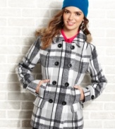 Our favorite outdoor layer gets graphic appeal! Plaid-print adds a signature touch to this wool-blend, hooded peacoat from YMI.