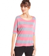 Highlight your casual look with fun style! Pink Rose's short sleeve top interplays sporty stripes with a bit of feminine lace.