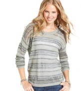 A striped sweater that shines. Say What?'s long sleeve metallic-flecked pullover is cozy and casual, with a shot of pizzazz.