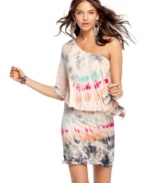 Support your color habit with this dress from American Rag, where a tie-dye print explodes over a fluid, one-shoulder silhouette!