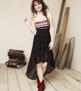 Southwestern style meets citified chic in this dress from American Rag, where a Navajo print mini is sheathed by a dark illusion skirt!